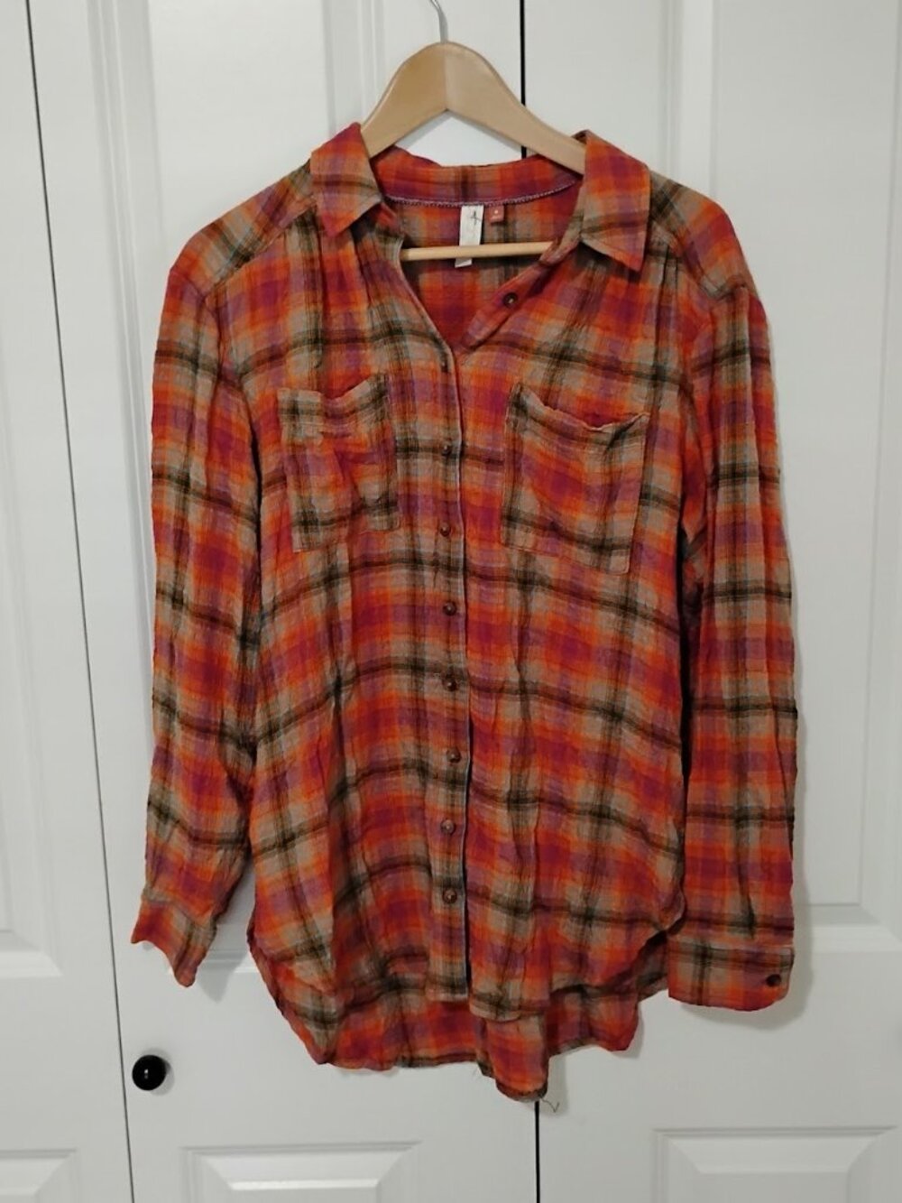 Pilcro Women's Orange Green Plaid Long Sleeve Seamed Plaid Tunic Shirt Size M - Picture 2 of 4